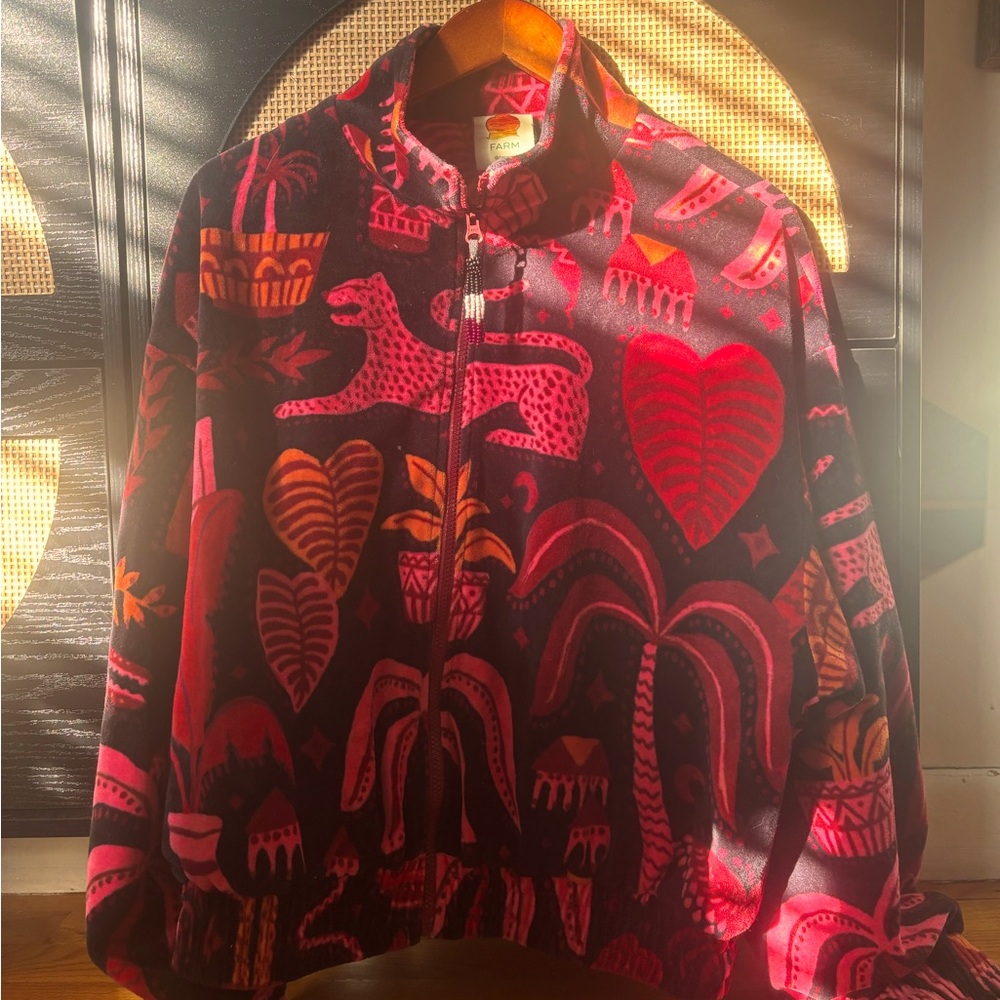 Farm Rio Velour Zip-Up , bomber style. Rare jungle pattern!